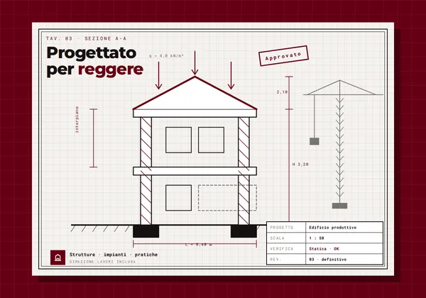 Ingegneria e progettazione: sezione strutturale di un edificio con carichi, quote e cartiglio, timbro Approvato