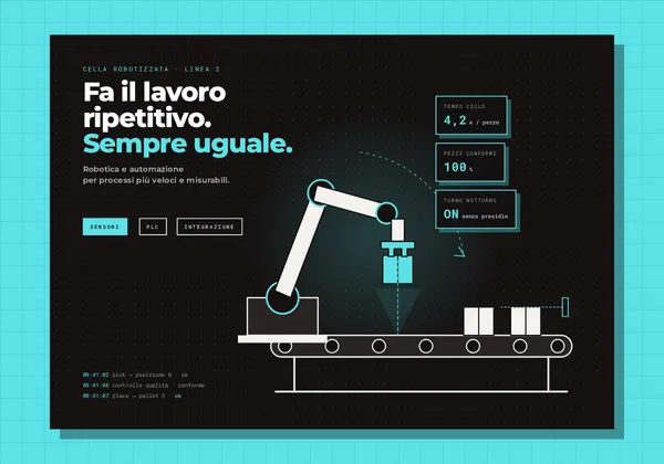 Robotica e automazione: braccio robotico che preleva un pezzo da un nastro trasportatore, con tempo ciclo e pezzi conformi al 100%